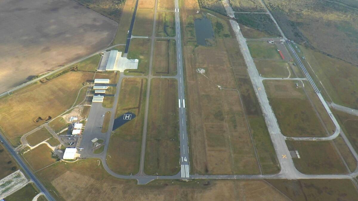 Aerial view of the runway and taxiways at South Texas International Airport at Edinburg