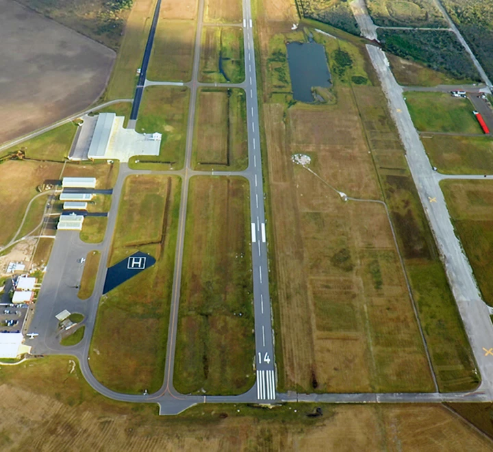Aerial view of the runway and taxiways at South Texas International Airport at Edinburg