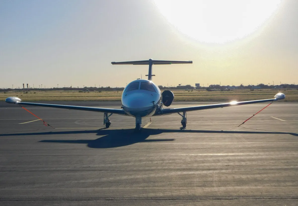 A business jet on the runway at South Texas International Airport at Edinburg