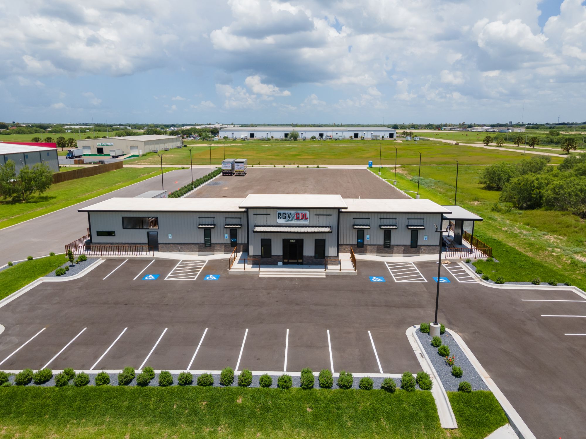 Aerial view of the RGV CDL building and parking lot at the Edinburg North Industrial Park