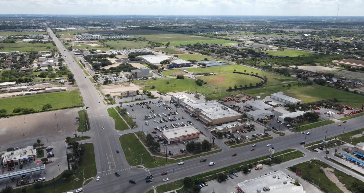 Aerial view of industrial land on the edge of Edinburg