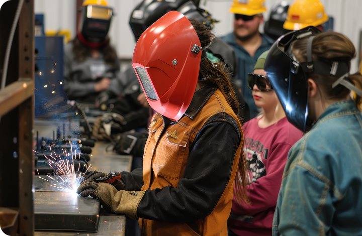 A student welding while classmates look on in an Edinburg training program