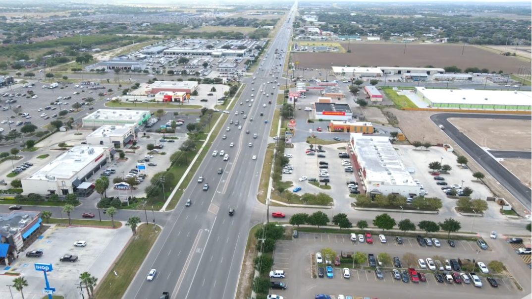 Aerial view of Edinburg’s retail and residential corridors